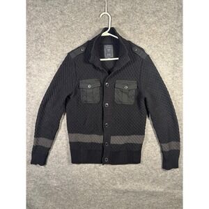GUESS Mens Black Knit Cardigan Sweater Cotton Blend‎ Military Style Medium M